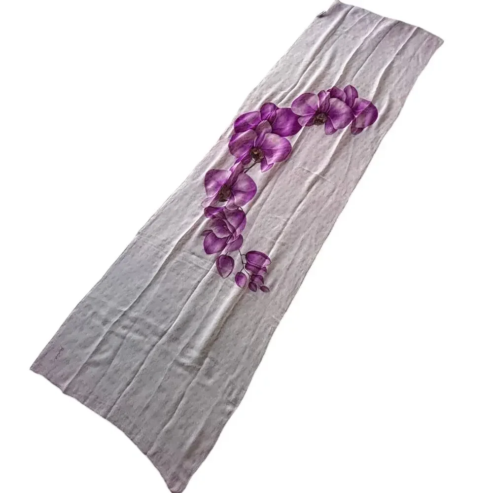 Sheer silk chiffon scarf long rectangle wrap pink purple floral hand painted